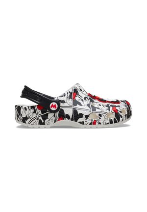 Black and white clog with cartoon character print, red accents, ventilation openings, and a black adjustable heel strap with a red logo.