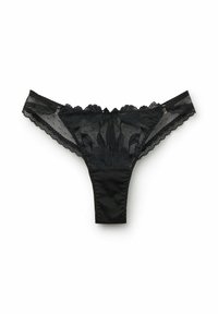 Zwarte kant string met bloemenpatronen, gegolfde randen en een stevige stof tailleband. Doorzichtige kanten zijkanten met stippenstructuur.