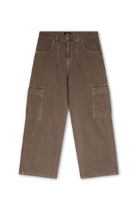 Braune weit geschnittene Cargo-Hosen aus strapazierfähiger Baumwolle mit zwei Seitentaschen und einem Knopfverschluss. Einfaches, gerades Design.
