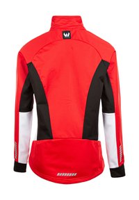 Giacca sportiva rossa e nera con colletto alto, texture a rete e dettagli riflettenti. Presenta un design a blocchi di colore e tasche con zip.