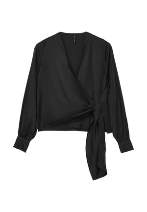 Blusa nera avvolgente con maniche lunghe, realizzata in tessuto morbido. Caratterizzata da un dettaglio con fiocco in vita e un profondo scollo a V.