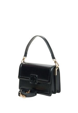 Black leather handbag with a top handle and detachable shoulder strap. Features gold-tone hardware, a flap closure, and stitching details.