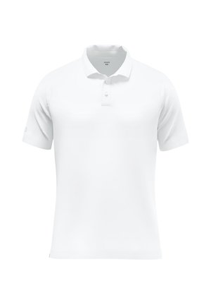Weißes Polo-Shirt mit kurzen Ärmeln, zwei Knöpfen und Kragen, dargestellt auf weißem einfärbigem Hintergrund.