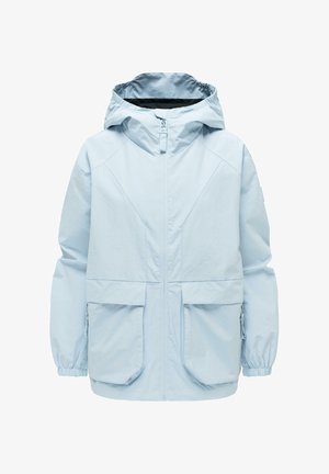 Vaaleansininen hupullinen takki, jossa on etuvetoketju, kaksi suurta läppätaskua ja kuminauhalla varustetut hihansuut.