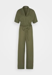 Olivgrön jumpsuit med korta ärmar, krage, framknäppning och midjeband. Har två bröstfickor och vid, rak passform på benen.