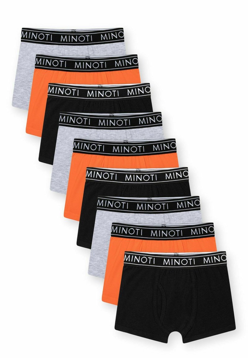 Devet parova bokserica u crnoj, sivoj i narančastoj boji, s crnim elastičnim pojasom na kojem je otisnut logo "MINOTI".