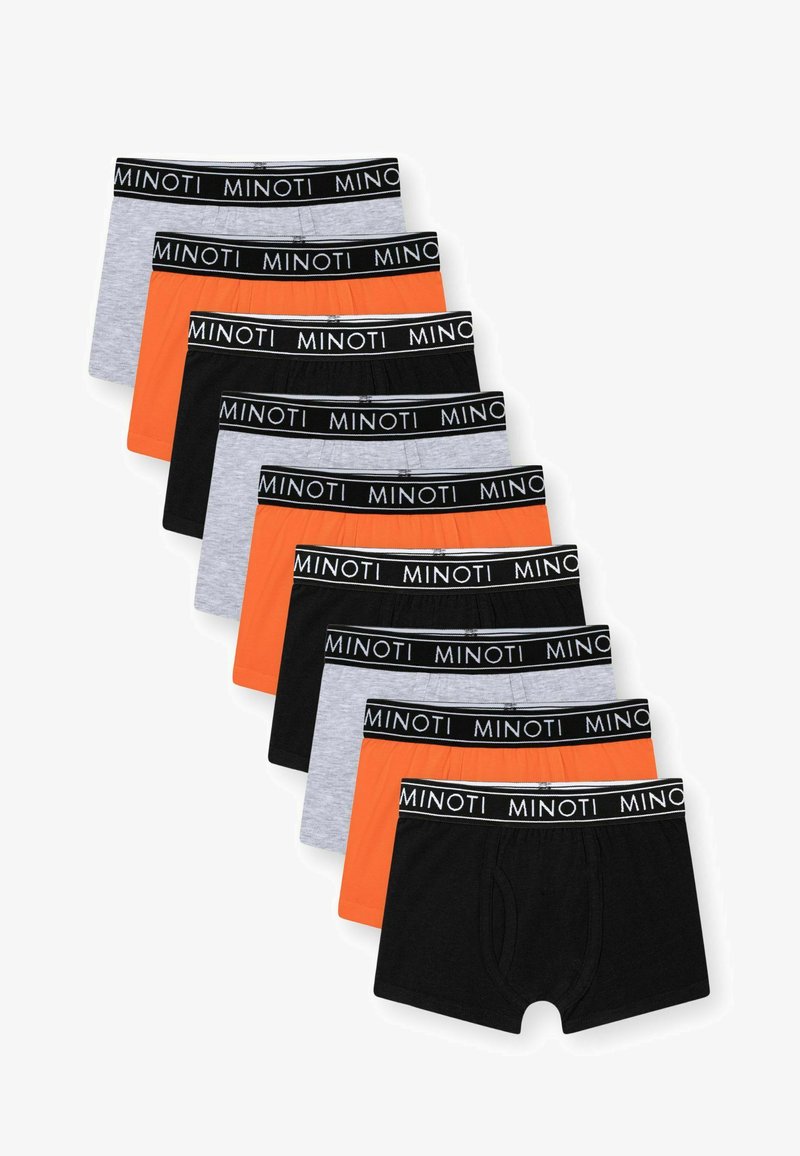 Nove paia di boxer in nero, grigio e arancione, con un elastico in vita nero su cui è stampato il logo "MINOTI".