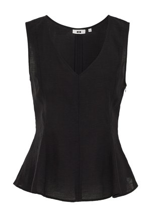 Blusa nera senza maniche con scollo a V, vita aderente e pieghe sottili che si estendono dallo scollo all'orlo.