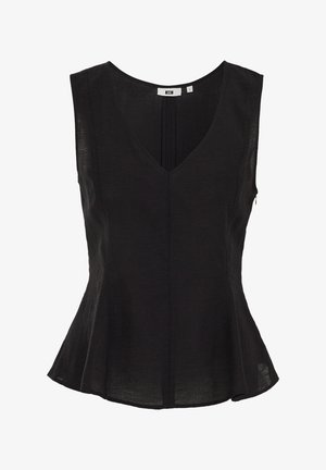 Blusa nera senza maniche con scollo a V, vita aderente e pieghe sottili che si estendono dallo scollo all'orlo.