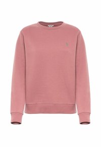 Felpa rosa realizzata in tessuto morbido, con collo rotondo, maniche lunghe e un piccolo logo ricamato sul lato sinistro del petto.