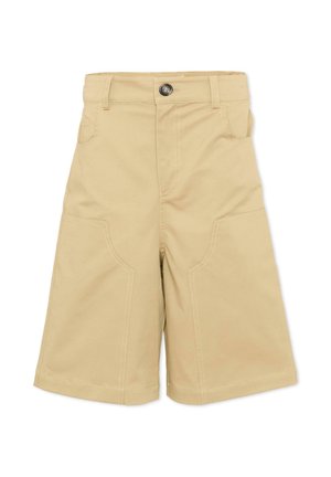 Beige knielange shorts met riemlussen, voorste knoopsluiting en gebogen zakken aan de voorkant, gemaakt van gladde stof.