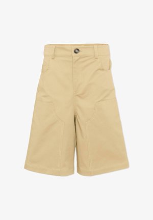 Beige knielange shorts met riemlussen, voorste knoopsluiting en gebogen zakken aan de voorkant, gemaakt van gladde stof.