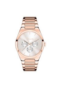Montre en or rose avec un bracelet en métal poli. Le cadran rond argenté présente trois sous-dials et des index horaires. Design épuré et moderne.