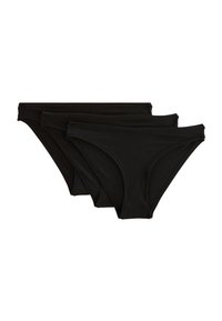 Trois paires de culottes bikini noires en coton, présentant une texture lisse, une taille élastique fine et un design classique.