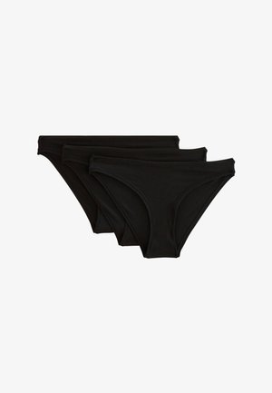 Trois paires de culottes bikini noires en coton, présentant une texture lisse, une taille élastique fine et un design classique.