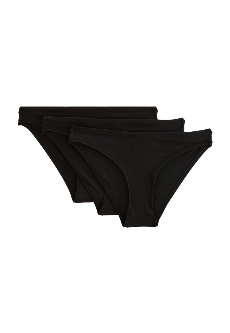 Trois paires de culottes bikini noires en coton, présentant une texture lisse, une taille élastique fine et un design classique.