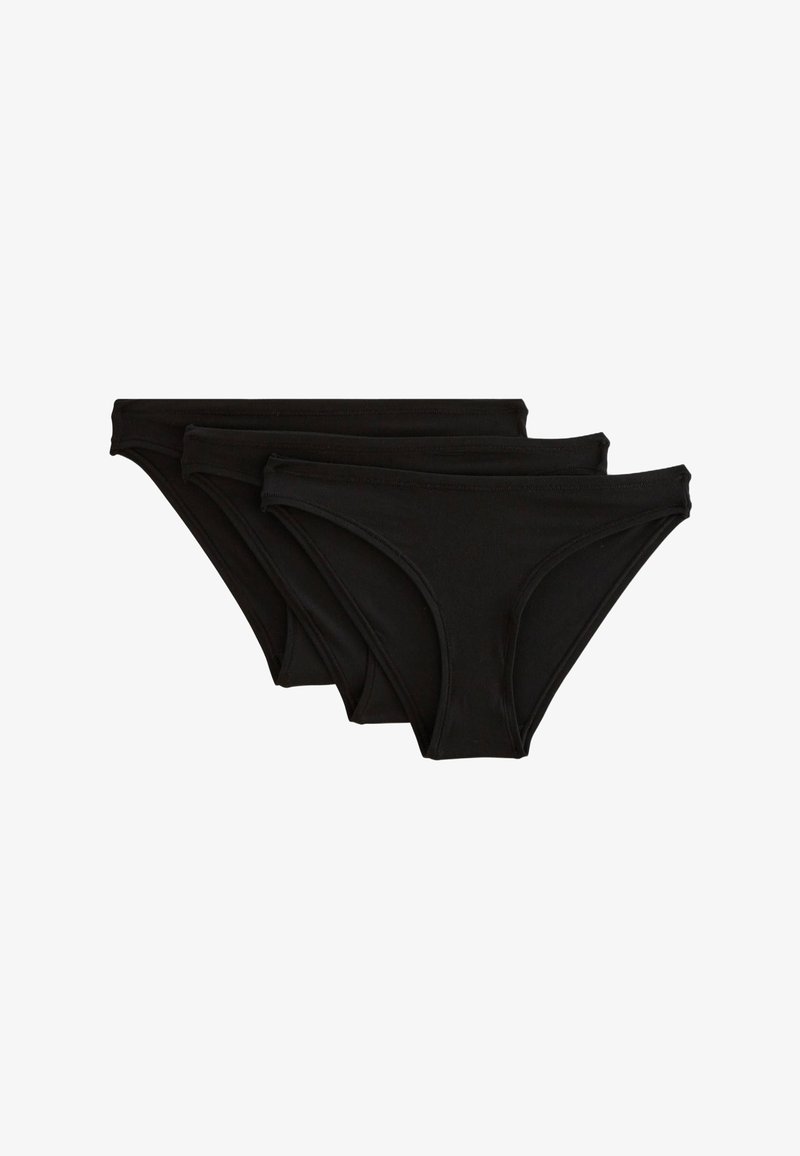 Trois paires de culottes bikini noires en coton, présentant une texture lisse, une taille élastique fine et un design classique.