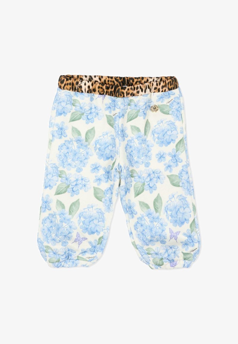 Pantalon enfant avec imprimé floral hortensia bleu, feuilles vertes, papillons violets et ceinture élastique imprimé léopard sur fond blanc.