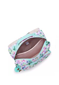 Väska med blommönster i rosa och mintgrönt, med dragkedja, mjukt foder och en berlock fäst vid dragkedjeförslutningen.