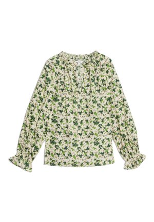 Bluse med lange ærmer med grønt og sort blomsterprint på cremefarvet baggrund og sammenrullet ved ærmeender og halsudskæring.