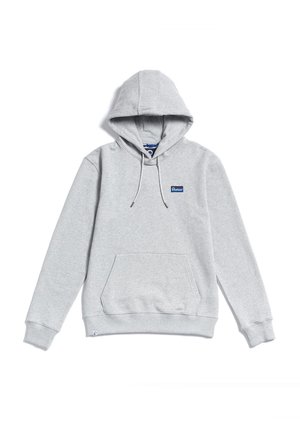 Grijze hoodie van zachte stof, voorzien van een zak aan de voorkant, een capuchon met trekkoord en een klein blauw logo op de borst. Lange mouwen met geribbelde boorden.