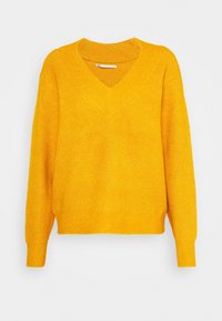 Pull jaune en maille avec col en V, texture côtelée, manches longues et coupe décontractée, de couleur unie sans motifs.