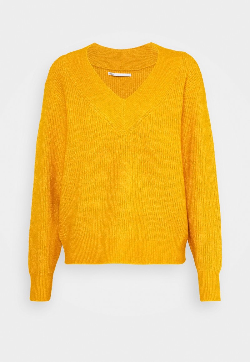 Pull jaune en maille avec col en V, texture côtelée, manches longues et coupe décontractée, de couleur unie sans motifs.
