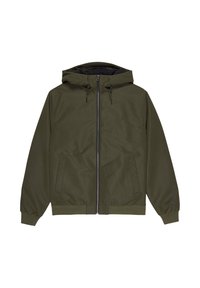 Olijfgroene hooded jacket met een ritssluiting, twee voorzakken, elastische manchetten en een gladde, matte textuur. Eenvoudig ontwerp, geen patronen.