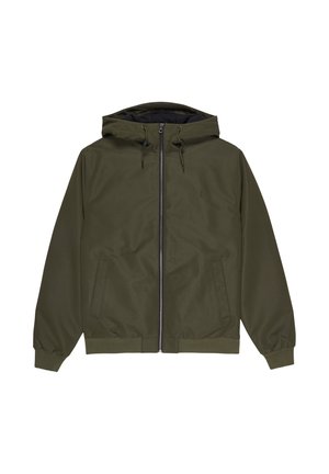 Olivegrüne Kapuzenjacke mit Reißverschluss, zwei Fronttaschen, elastischen Bündchen und einer glatten, matten Textur. Einfaches Design, keine Muster.