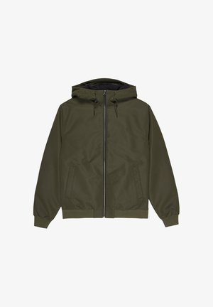 Olijfgroene hooded jacket met een ritssluiting, twee voorzakken, elastische manchetten en een gladde, matte textuur. Eenvoudig ontwerp, geen patronen.