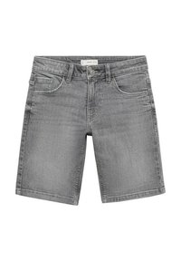 Grå denimshorts med klassisk design, som har fem fickor, en knappstängning och en slät, något texturerad yta.