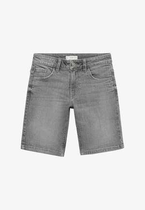 Shorts en denim gris au design classique, avec cinq poches, une fermeture à bouton et une surface lisse, légèrement texturée.