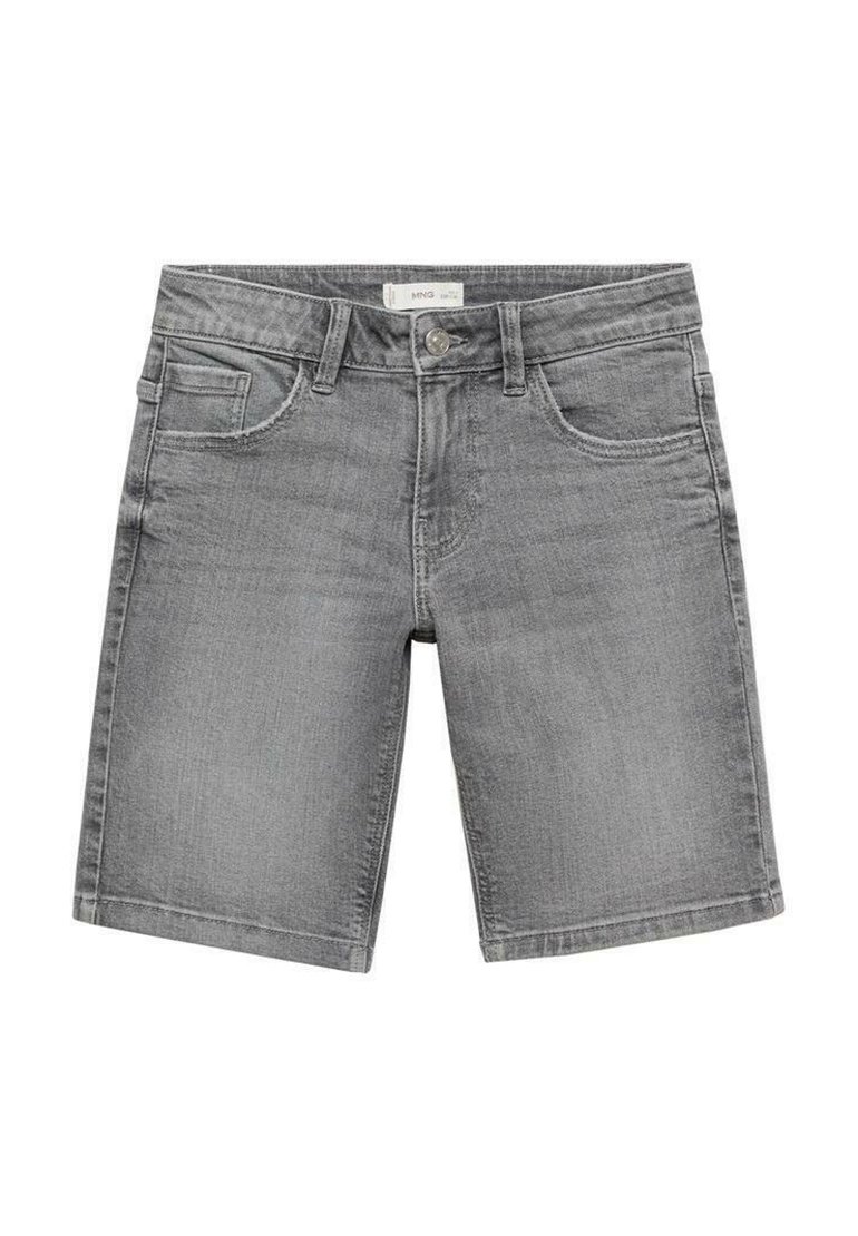 Grå denimshorts med klassisk design, som har fem fickor, en knappstängning och en slät, något texturerad yta.