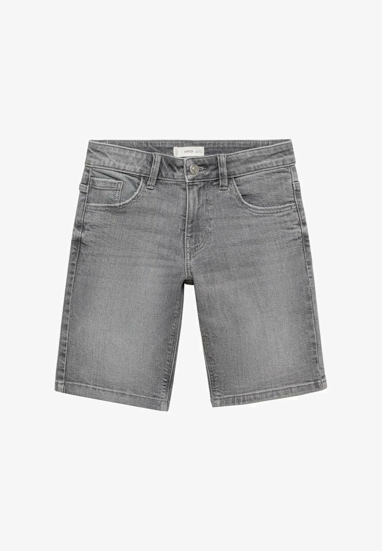 Grå denimshorts med klassisk design, som har fem fickor, en knappstängning och en slät, något texturerad yta.