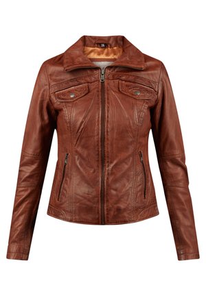 Braune Lederjacke mit hohem Kragen, Reißverschluss, zwei Brusttaschen und zwei Seitentaschen. Verfügt über gestickte Details und eine glatte Textur.