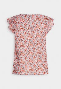 Blumenmuster-Bluse mit kurzen Ärmeln aus leichtem Stoff, die ein lebhaftes Muster in Rot, Orange und Lila zeigt, mit einer Schlüssellochöffnung am Rücken.