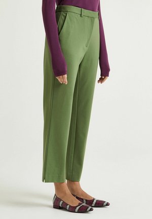 Green high-waisted trousers with pleats, made from soft fabric. Paired with multicolored pointed flats featuring a striped pattern.