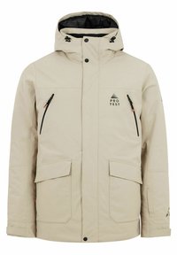 Veste imperméable beige avec une fermeture éclair sur le devant, une grande capuche, plusieurs poches et des accents noirs. Présente un logo sur la poitrine et des poignets ajustables.