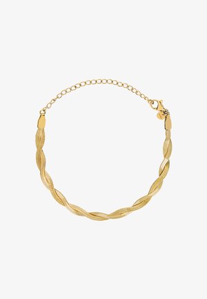 Gouden twisted kettingarmband met verstelbare schakelvergrendeling en karabijnsluiting op een witte achtergrond.