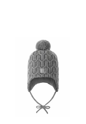 Cappello di maglia grigia con un motivo testurizzato, pompon in cima, lacci per una vestibilità sicura e una fodera morbida attorno al viso per il calore.