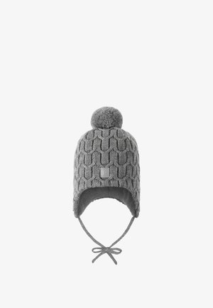 Gray knit hat with a textured pattern, pom pom on top, ties for secure fit, and a soft lining around the face for warmth.