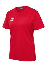 Rød bomulds T-shirt med V-hals, korte ærmer og sorte detaljer på skulderen. Har Hummel-logoet på forsiden.