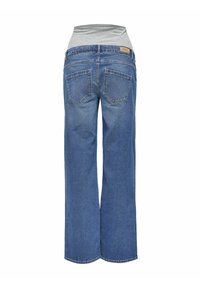 Denimjeans med bred ben-design, i en mellanblå tvätt, med ett grått elastiskt midjeband och två bakfickor med sömdetaljer.