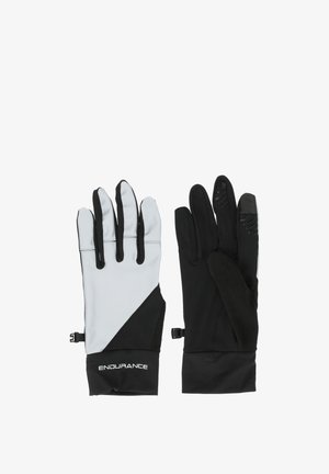 Schwarze und graue Handschuhe mit strukturiertem Griff an der Handfläche, elastischem Bündchen und reflektierenden Akzenten. Hergestellt aus synthetischem und dehnbarem Stoff.