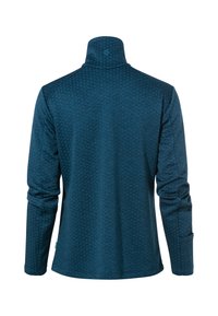 Pullover lungo a maniche con colletto alto di colore blu scuro, caratterizzato da un motivo a nido d'ape e un design aderente. Include aperture per i pollici sui polsini.