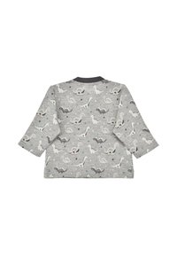 Graues Langarmshirt mit einem Dinosaurier-Muster in verschiedenen Farben und einem schwarzen Rundhalsausschnitt. Weicher Stoff, lässiges Design.