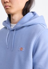 Šviesiai mėlyna pūkinė striukė, pagaminta iš minkštos medžiagos, su priekyje esančia kengūros kišene ir siuvinėtu logotipu ant krūtinės. Formuojamas audinys su raišteliu ant gobtuvo.