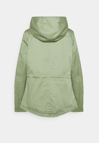 Giacca a vento verde chiaro con cappuccio e maniche lunghe, con vita regolabile e orlo leggermente curvato, mostrata da dietro su uno sfondo bianco.
