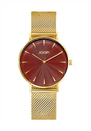 Gold Mesh-Armbanduhr mit einem runden roten strukturierten Zifferblatt. Goldene Indizes und Zeiger heben sich vom Zifferblatt ab und verfügen über ein einfaches Verschlussdesign.