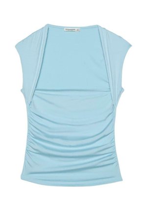 Lyseblå ærmeløs top med bred, firkantet udskæring og rynkede sider, lavet af blødt og elastisk stof.